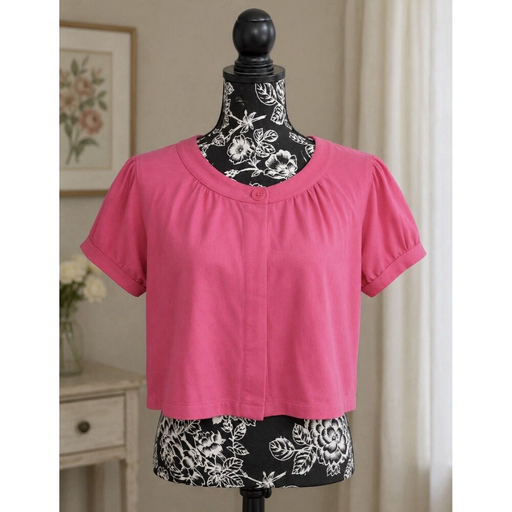 Cato Pink Crop Cardigan Top Large One Button Open Front Short Sleeve Cotton